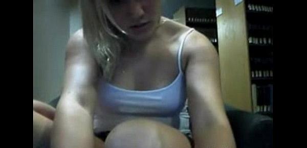  Blonde teen babe perfect tits dildos pussy in public library